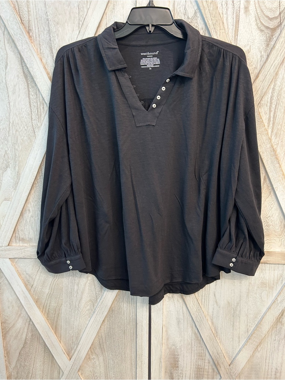 Westbound Black Button-Accent Collared Peasant Top